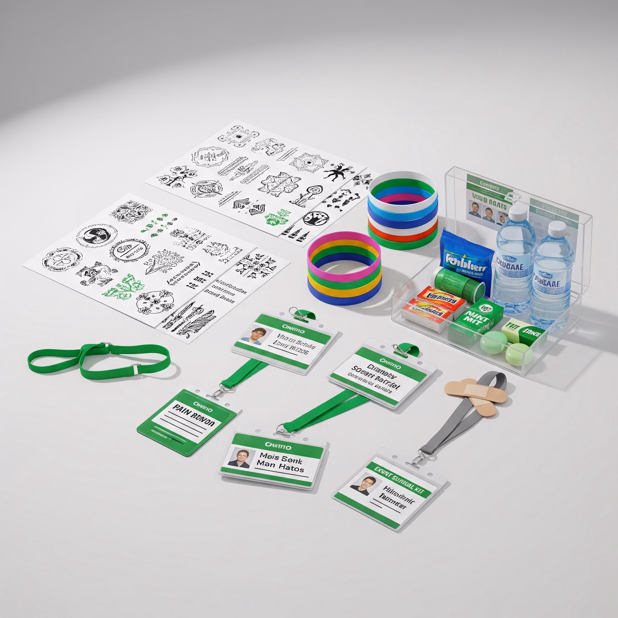 Itens LED, tatuagens temporárias, crachás e kits especiais